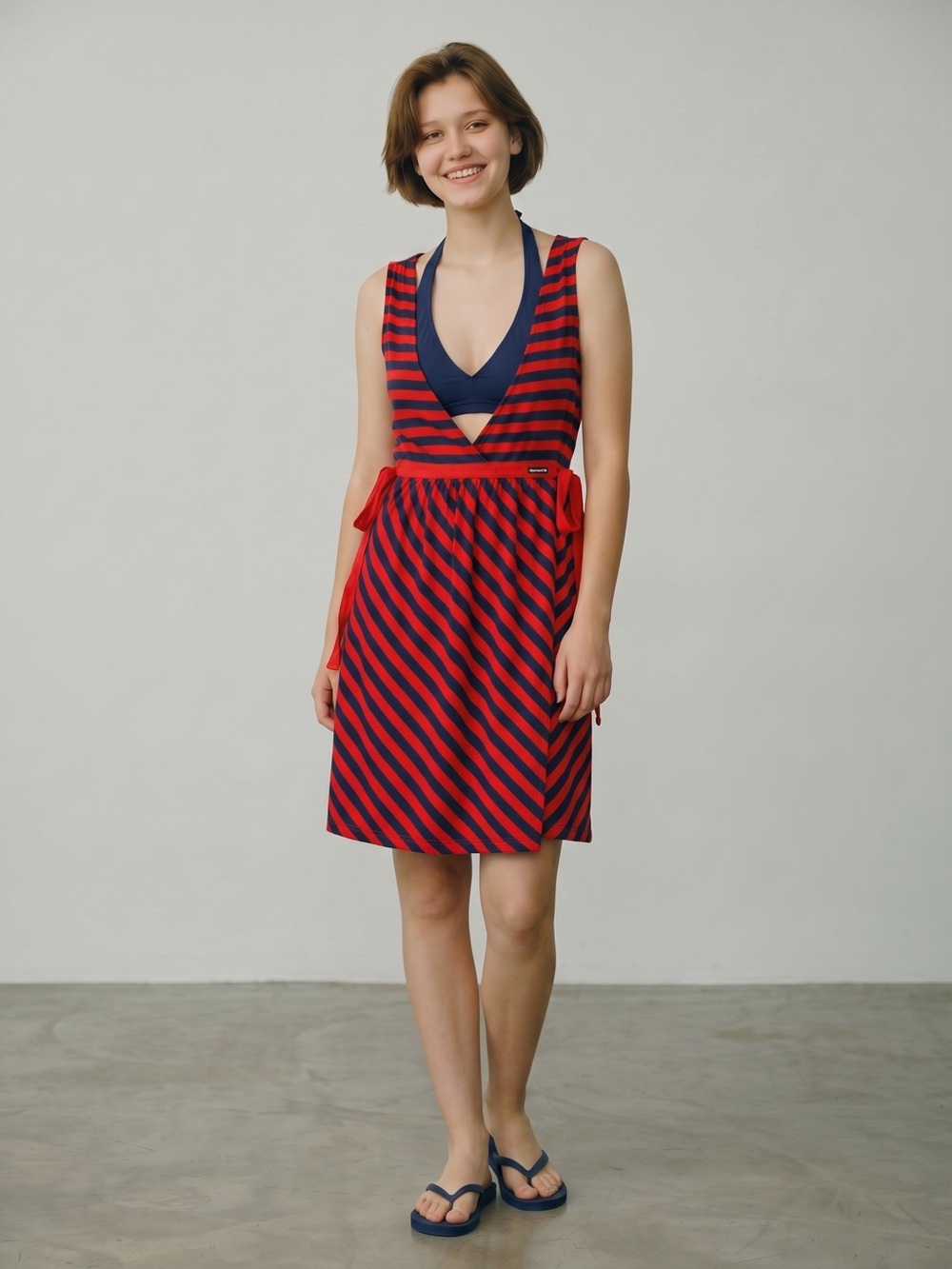 Element Red & Navy Striped Sleeveless Dress Tie Waist Skater Dress Large